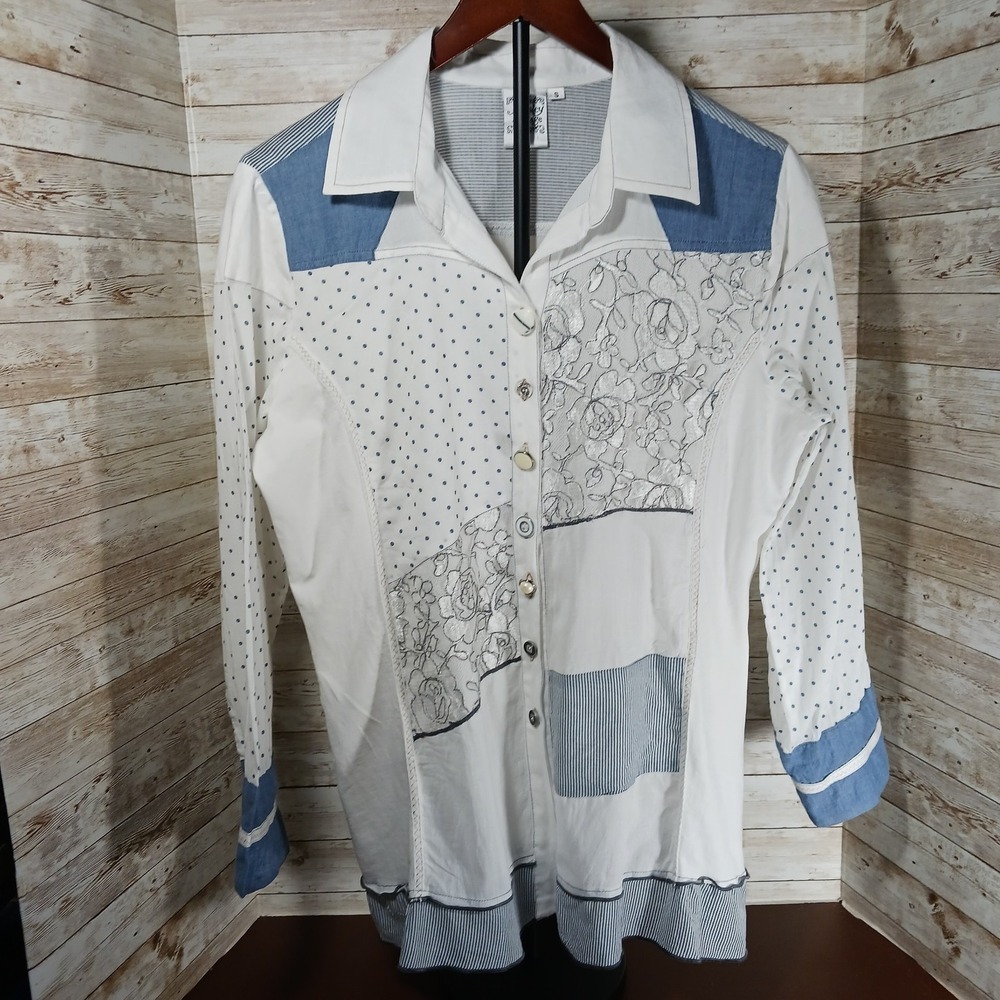 Parsley and Sage Women's Shirt Blue & White Patchwork Boho Size Small